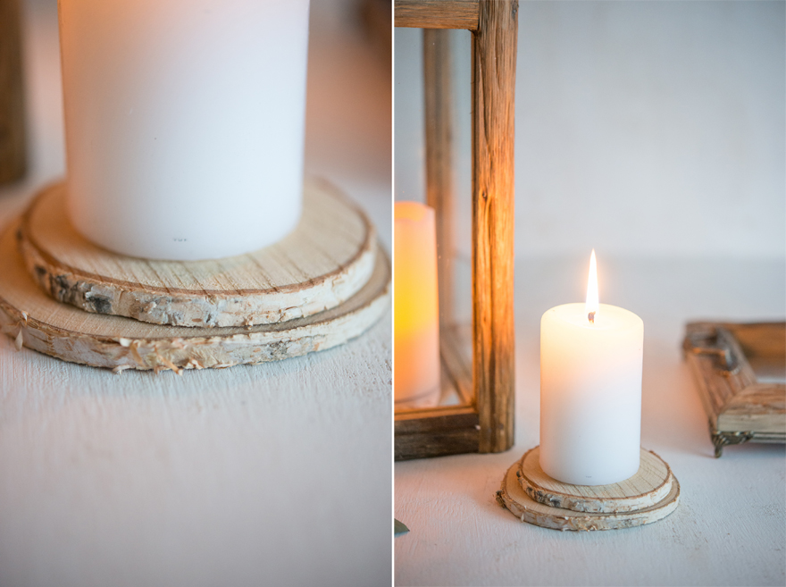 Candles on Wood Slices Decor Idea | Confetti.co.uk