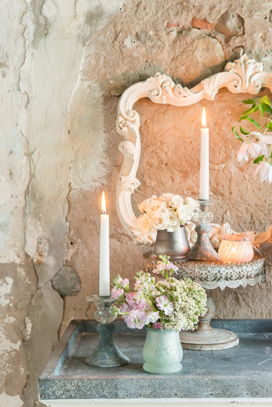 Pastel Shabby Chic Decorative Cake Stand and Candles with Vases and Flowers | Confetti.co.uk