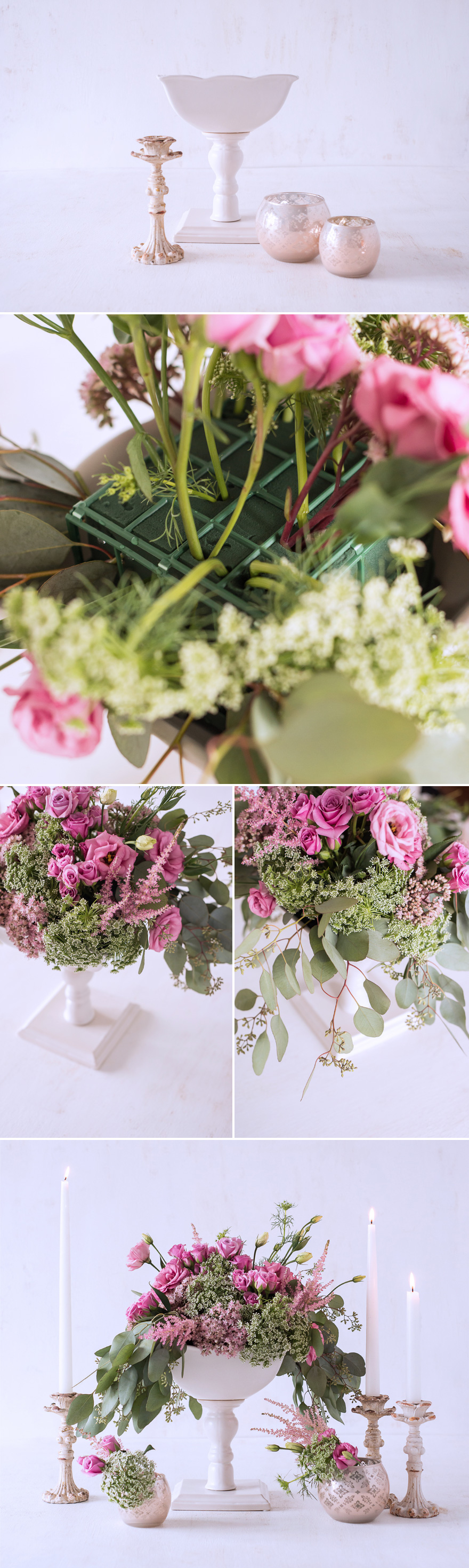 Pink and Green DIY Centrepiece with Lisianthus Astilbe Queen Anne’s Lace Spray Roses Seeded Eucalyptus and Sedum | Confetti.co.uk