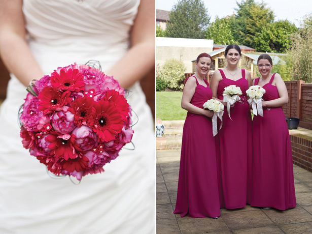 Fuchsia pink bridal bouquet and bridesmaids dresses 