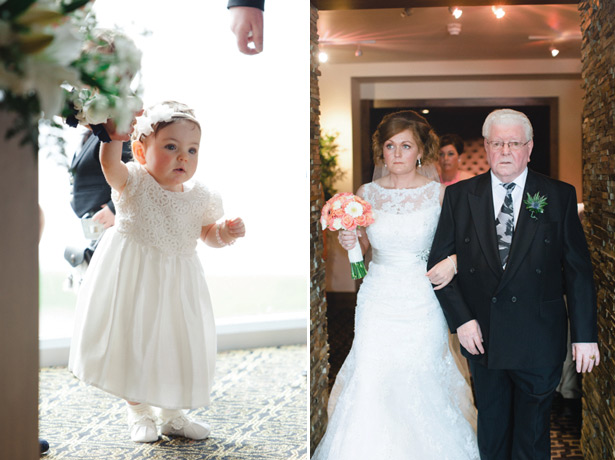 Baby in a white dress and the bride making her entrance with her grandfather   