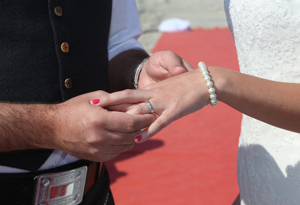 The happy couple exchanging rings  