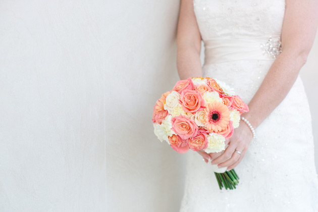 Ivory and coral fresh flower bridal bouquet