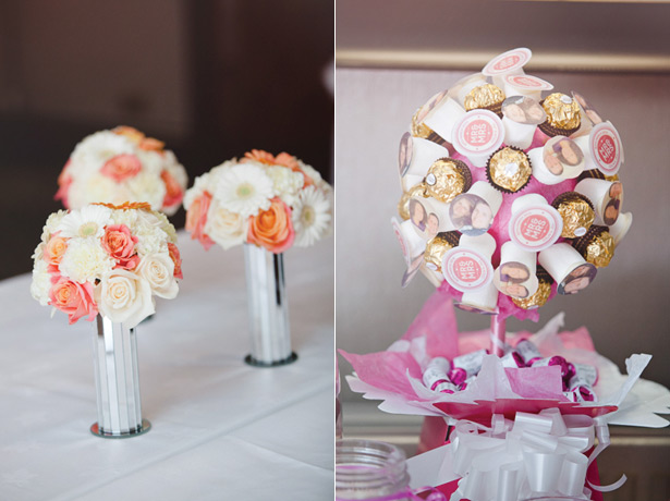 Coral and ivory bridesmaids bouquets and a Ferrero Rocher tree 