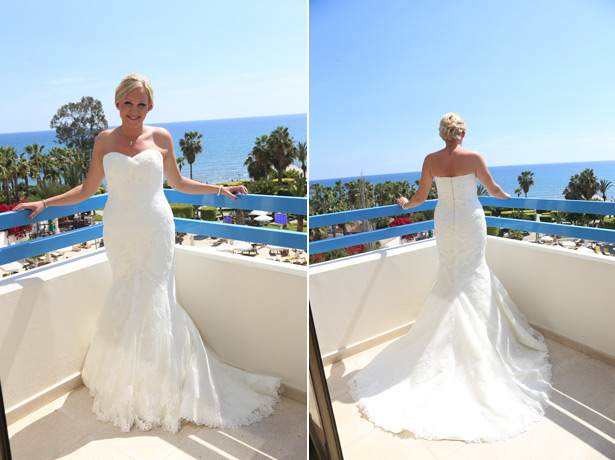 Bride in her strapless white fish tail wedding dress by La Sposa 