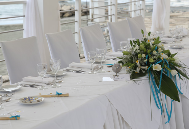 White and blue wedding decor  