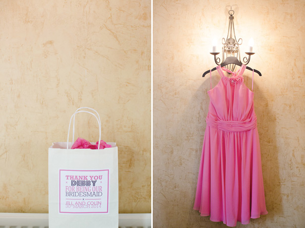 Bridesmaids gift and coral pink knee length dresses with a draped halter neck. 