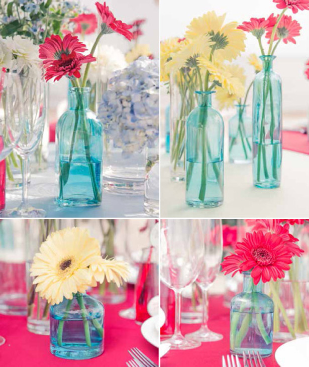 Colour Glass Vase With Bright Coloured Gerbras      