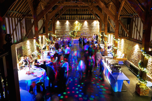 Evening wedding reception at Cooling Castle Barn