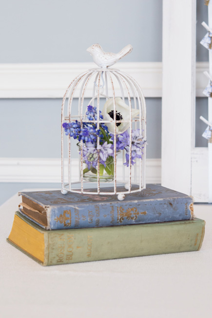 Blue and White Vintage Birdcage Centrepiece | Confetti.co.uk