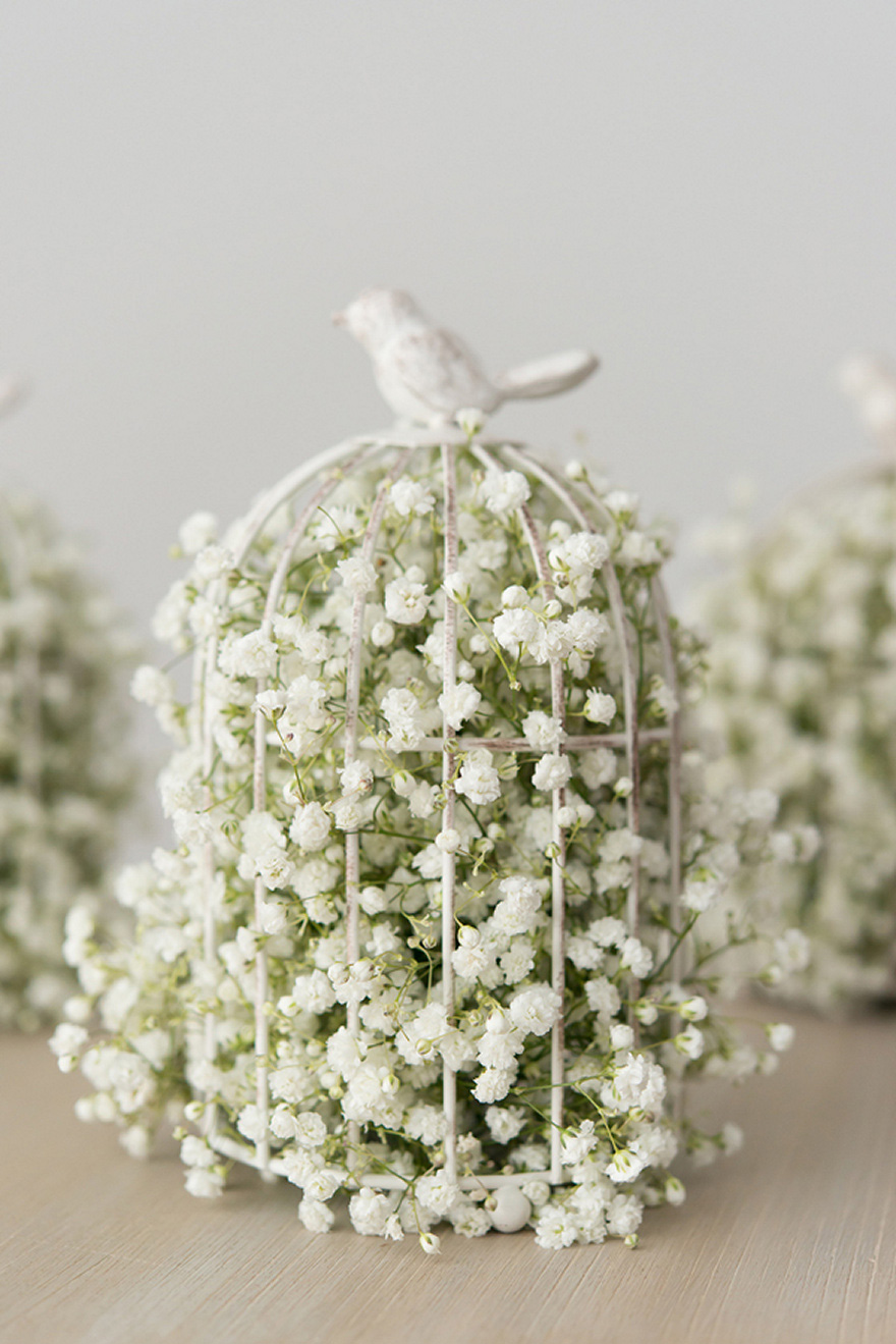 White and Green Small Metal Birdcage Filled with Baby's Breath Gypsophila | Confetti.co.uk