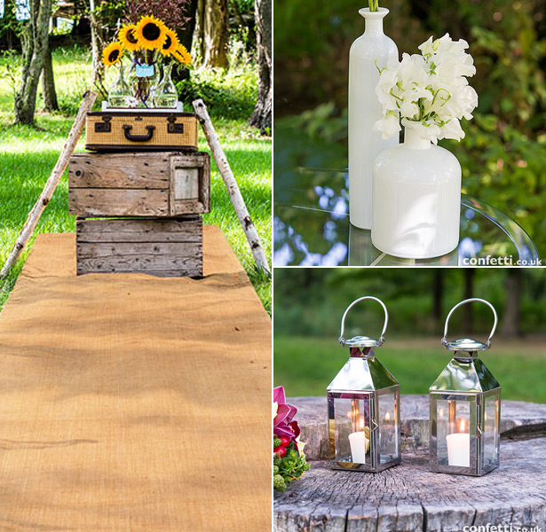 Burlap Aisle Runner With Silver Lanterns and Glass Bottles 