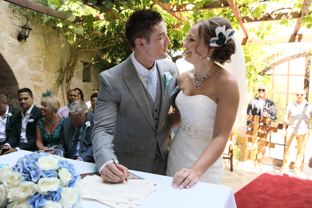 The newlyweds signing the wedding register 