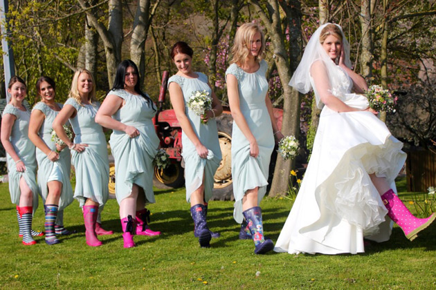 Bride and her bridesmaids in wellies 