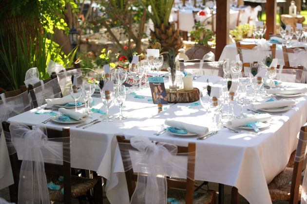 White, blue and peacock themed wedding reception 