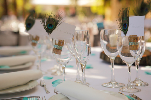 Peacock feather place cards 