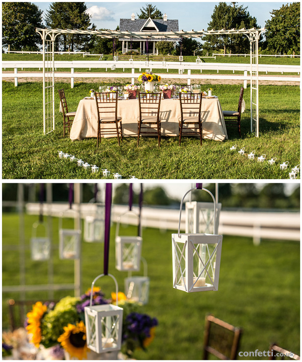 Rustic summer themed wedding table with mini white lantern overhang 