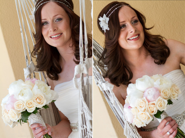 The bride in her House of Fraser wedding dress and vintage bouquet 