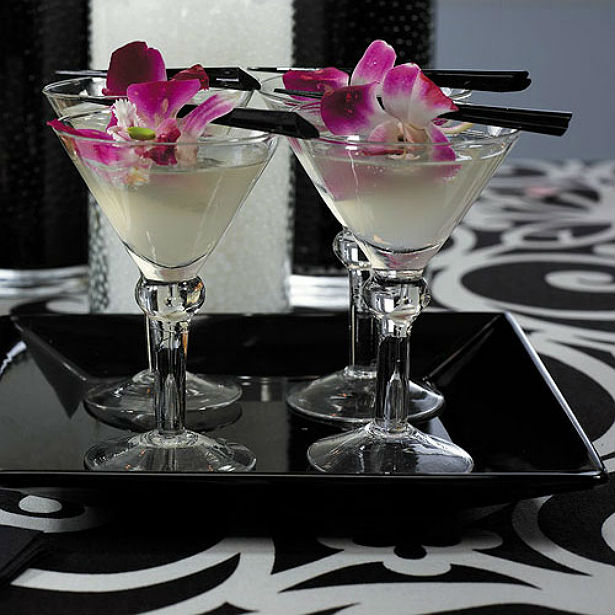 Martini glasses in black and white and pink