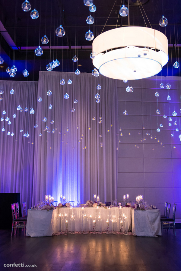 Candle lit table decor | Hanging glass globe decor | Confetti.co.uk 