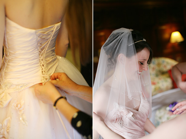 Lacing up the brides blush wedding gown | Confetti.co.uk