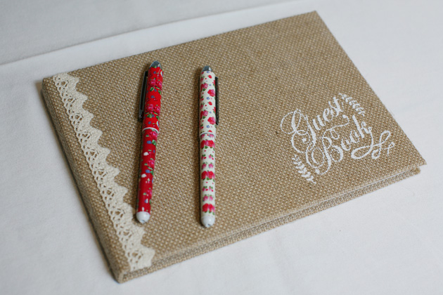 Rustic themed burlap wedding guest book | Confetti.co.uk