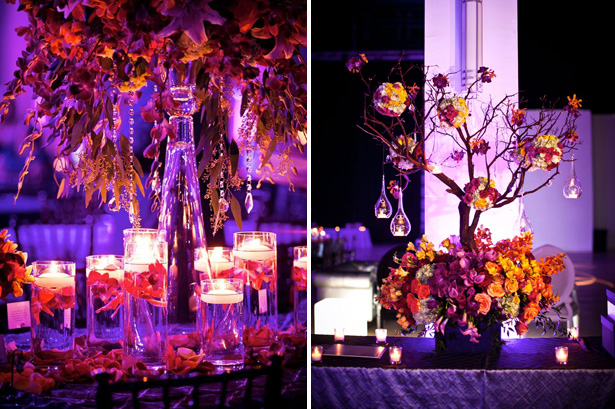 Candle lit table decor | Tree centrepiece with autumn coloured flowers | Confetti.co.uk 