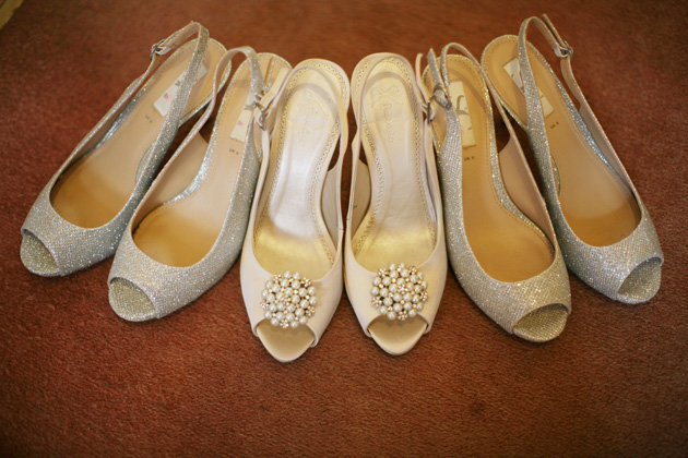 White jewelled peeptoe bridal shoes and silver peeptoe bridesmaid shoes | Confetti.co.uk 