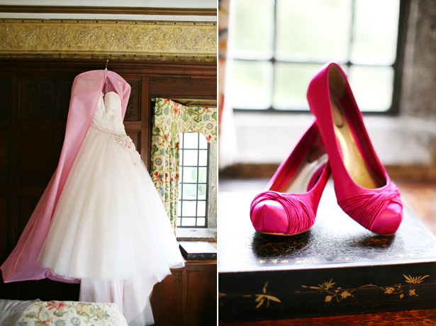 Blush pink wedding dress with hot pink satin bridal shoes | Confetti.co.uk