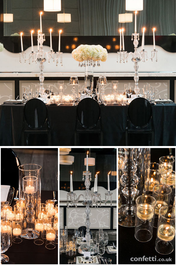 Black and white wedding theme |Crystal chandleries and candle light | Confetti.co.uk 