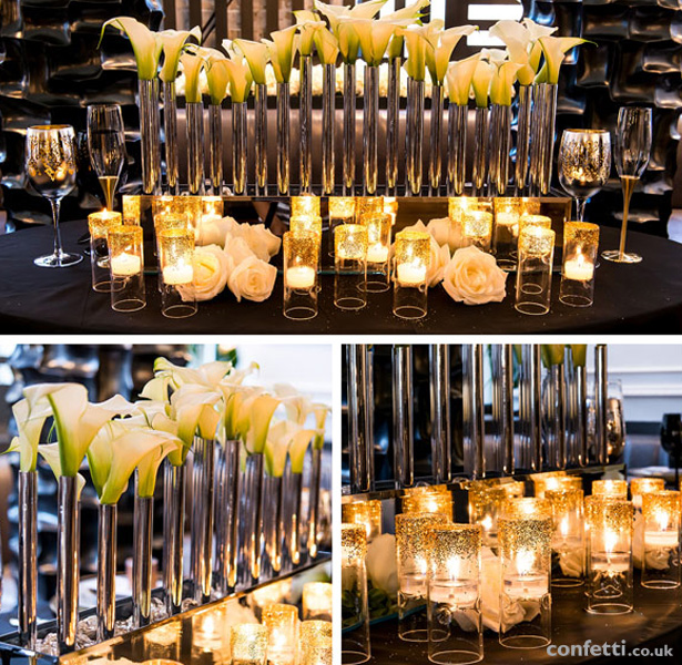 Art deco wedding theme | Lilly centrepiece and glitter candle holders Crystal chandleries and candle light | Confetti.co.uk 