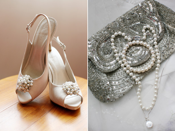 Bejwelled bridal accessories: peep toe shoes, clutch and pearl bracelet and necklace | Confetti.co.uk 