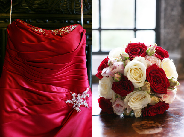 Red strapless bridesmaids dress and ivory and red bouquet | Confetti.co.uk