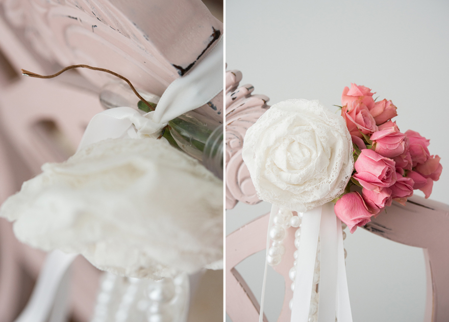 Lace Flowers and Pearls Chair Decoration | Confetti.co.uk