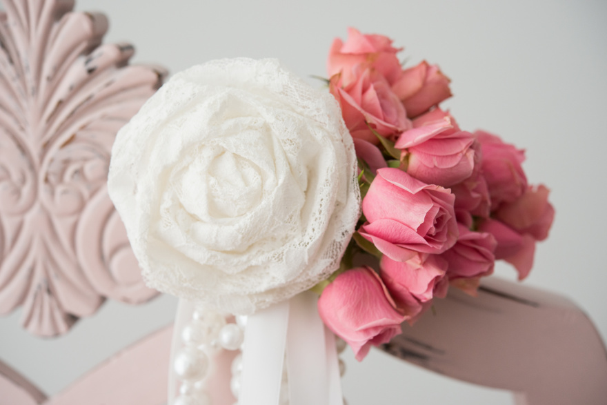 Lace Pearls and Roses Chair Decoration | Confetti.co.uk