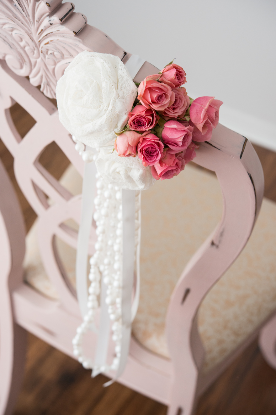 Pink and Ivory Pearls and Lace Chair Decoration | Confetti.co.uk