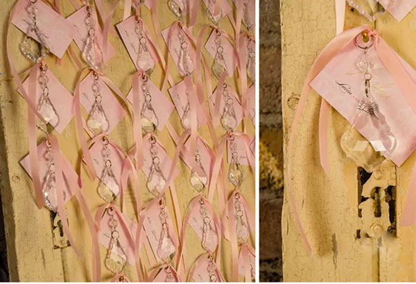 Vintage seating plan with pink ribbon and crystal drops | Confetti.co.uk