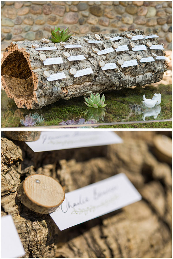 Nature inspired seating plan with wood and mini log pieces | Confetti.co.uk