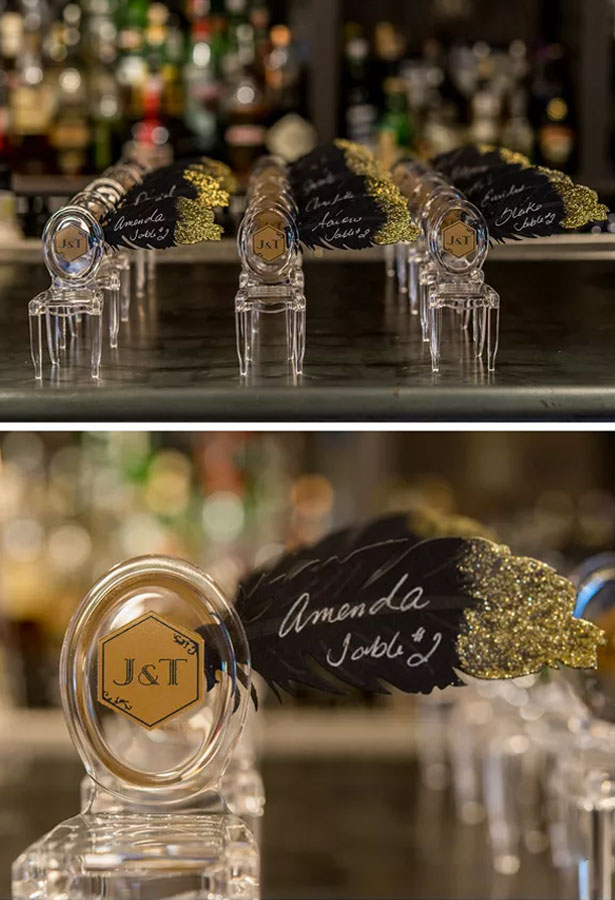 Mini chair place cards with black and gold feather | Confetti.co.uk