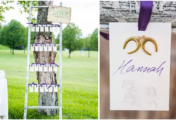 Summer themed wedding seating plan with horse shoe charms and purple ribbon | Confetti.co.uk