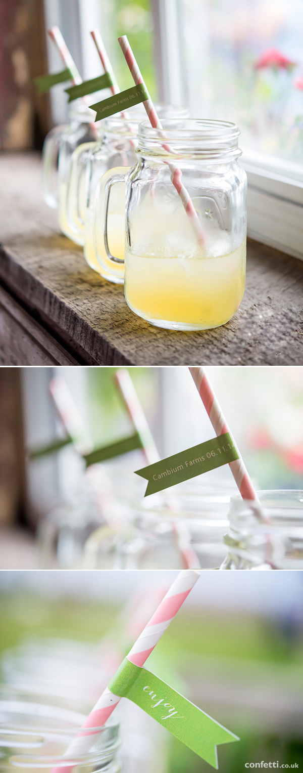 Mason jar with signature wedding drink with a personalised striped straw | Confetti.co.uk   