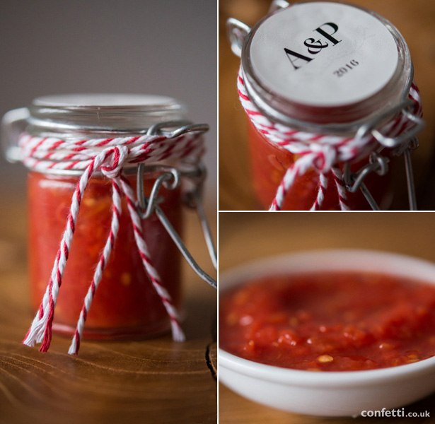 Fill a mini jar with homemade salsa for a bright autumnal wedding favour from Confetti.co.uk