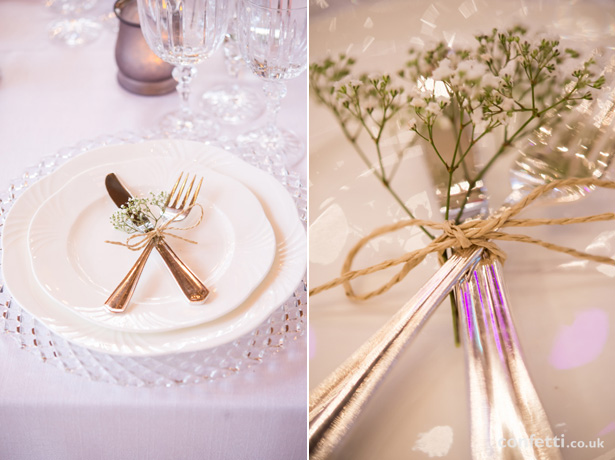 Wedding cutlery tied with string and baby’s breathe | Wedding table decor idea | Barn Wedding | Confetti.co.uk   