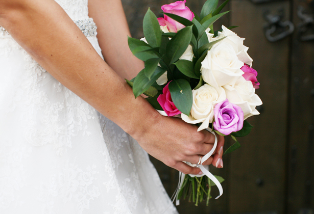 Bridal bouquet inspiration | Ivoy , lilac and pink rose wedding bouquet | Simple hand tied bouquet inspiration | Confetti.co.uk  