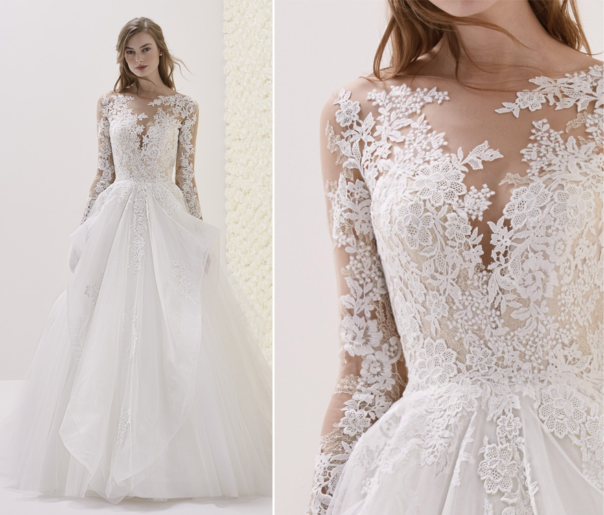 ELMINA Wedding Dress by Pronovias - Princess Wedding Dress - Long Sleeved Lace Ball Gown | Confetti.co.uk