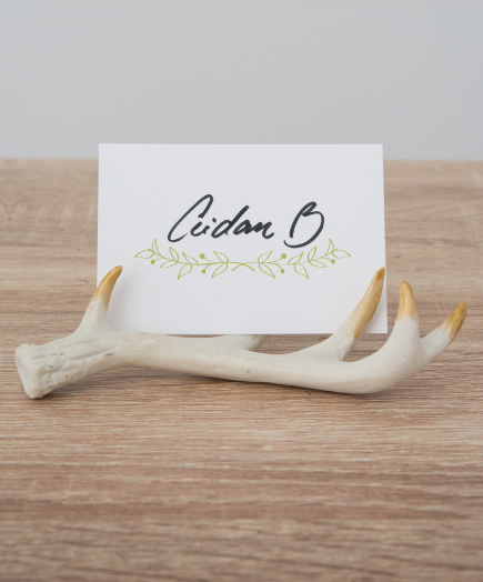 Antlers Gold Accent with Place Card - Golden accents on antler place card holder, featuring our Woodland Pretty Large Rectangular Tag | Confetti.co.uk