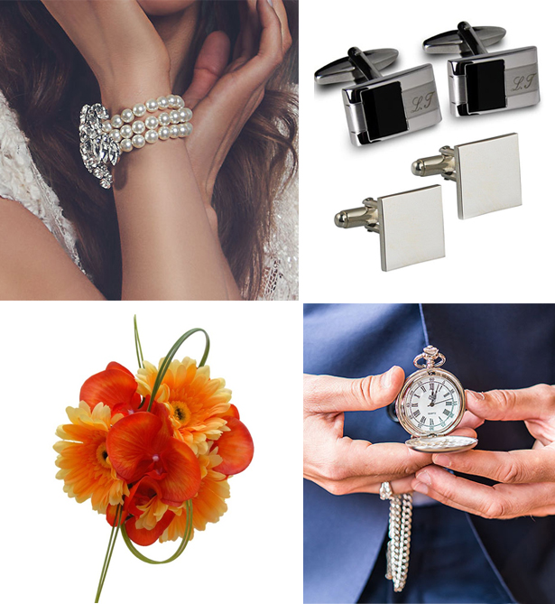 Wrist wedding accessories for the bride and groom - bracelet, cufflinks, corsage, watch