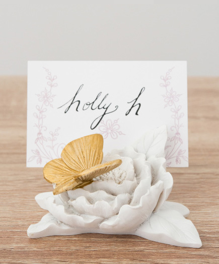 Butterfly Gold Accent with Place Card - Gold-painted butterfly decorative place card holder, featuring our Forget Me Not Large Rectangular Tag | Confetti.co.uk