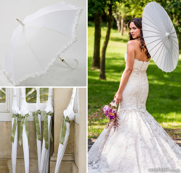 Large white umbrellas and paper parasols available in the Confetti shop for rain on your wedding day | Confetti.co.uk