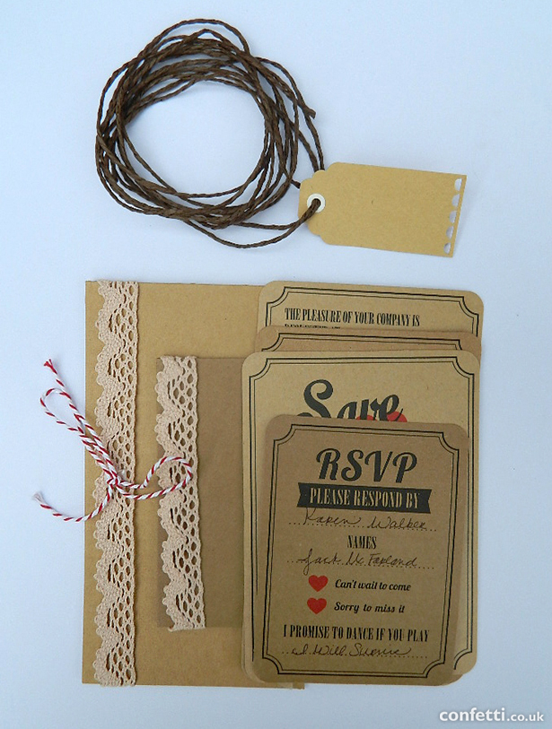 Layered brown vintage DIY wedding stationery with lace, twine, and tag | Cionfetti.co.uk